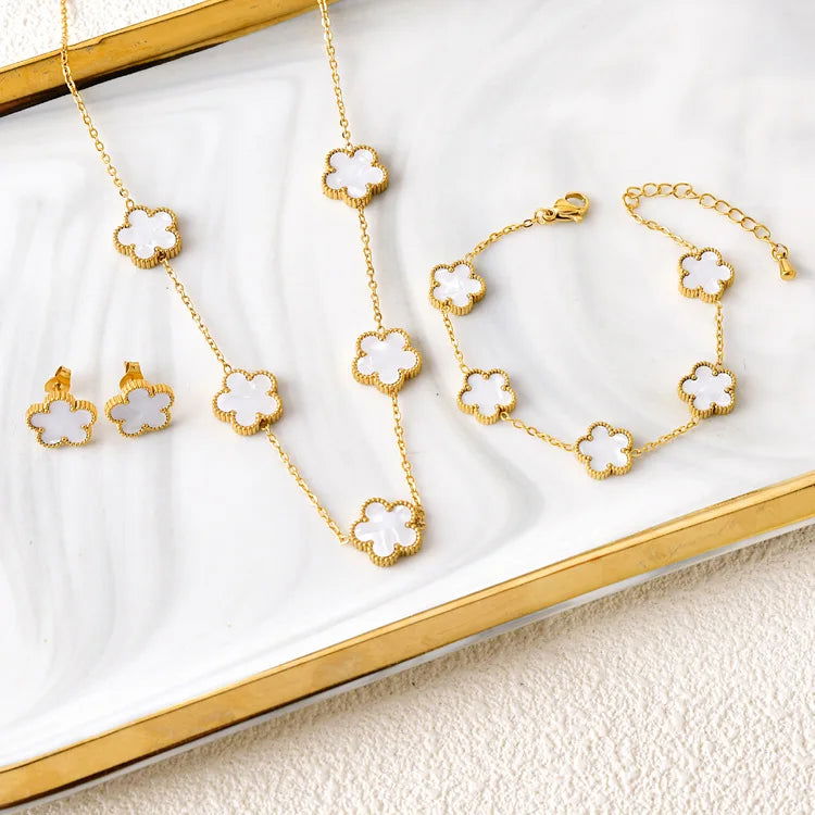 Hot Selling Plum Blossom Plant Five Leaf Flower Jewelry Set Bracelet Necklace Earrings Women Stainless Steel High Quality Clover - LOCKDEALZ