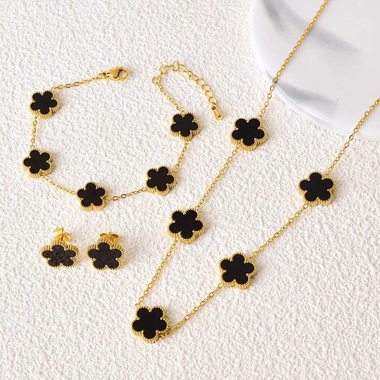 Hot Selling Plum Blossom Plant Five Leaf Flower Jewelry Set Bracelet Necklace Earrings Women Stainless Steel High Quality Clover - LOCKDEALZ