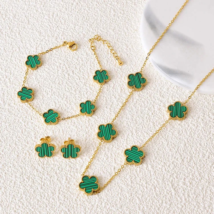 Hot Selling Plum Blossom Plant Five Leaf Flower Jewelry Set Bracelet Necklace Earrings Women Stainless Steel High Quality Clover - LOCKDEALZ