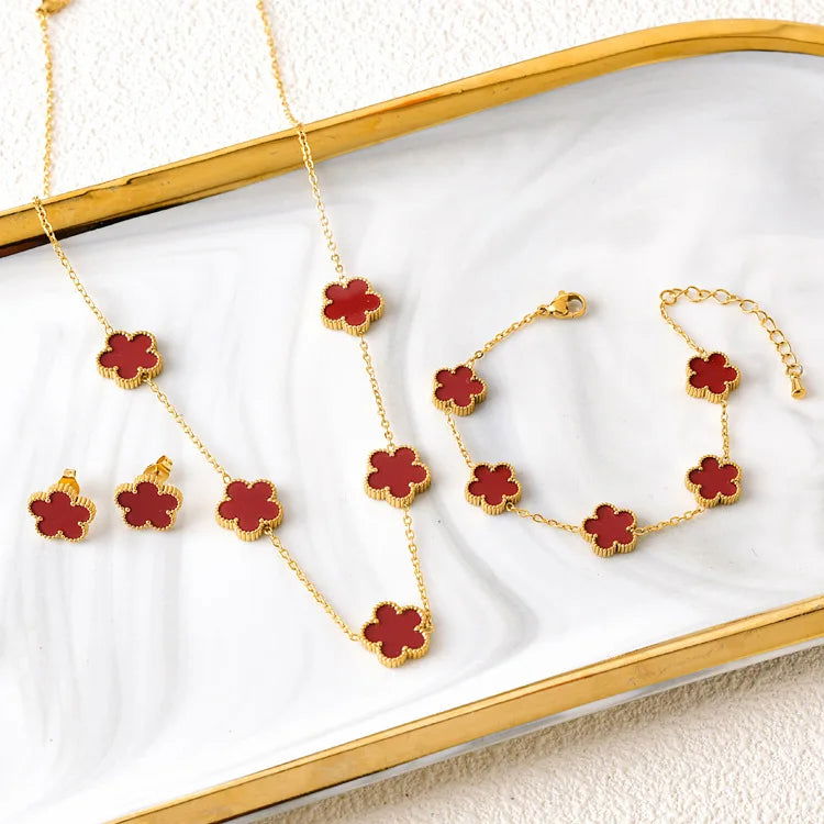 Hot Selling Plum Blossom Plant Five Leaf Flower Jewelry Set Bracelet Necklace Earrings Women Stainless Steel High Quality Clover - LOCKDEALZ