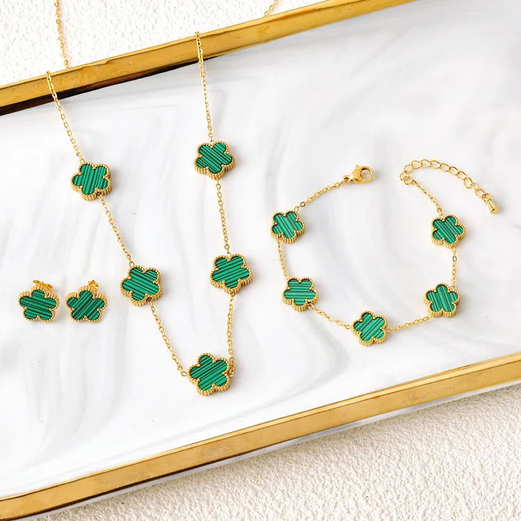 Hot Selling Plum Blossom Plant Five Leaf Flower Jewelry Set Bracelet Necklace Earrings Women Stainless Steel High Quality Clover - LOCKDEALZ