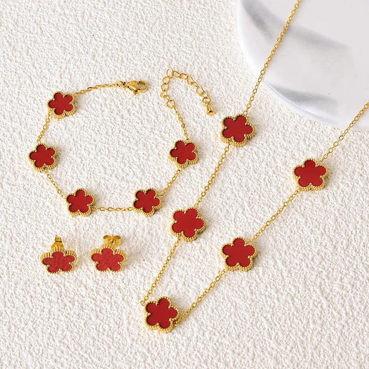 Hot Selling Plum Blossom Plant Five Leaf Flower Jewelry Set Bracelet Necklace Earrings Women Stainless Steel High Quality Clover - LOCKDEALZ