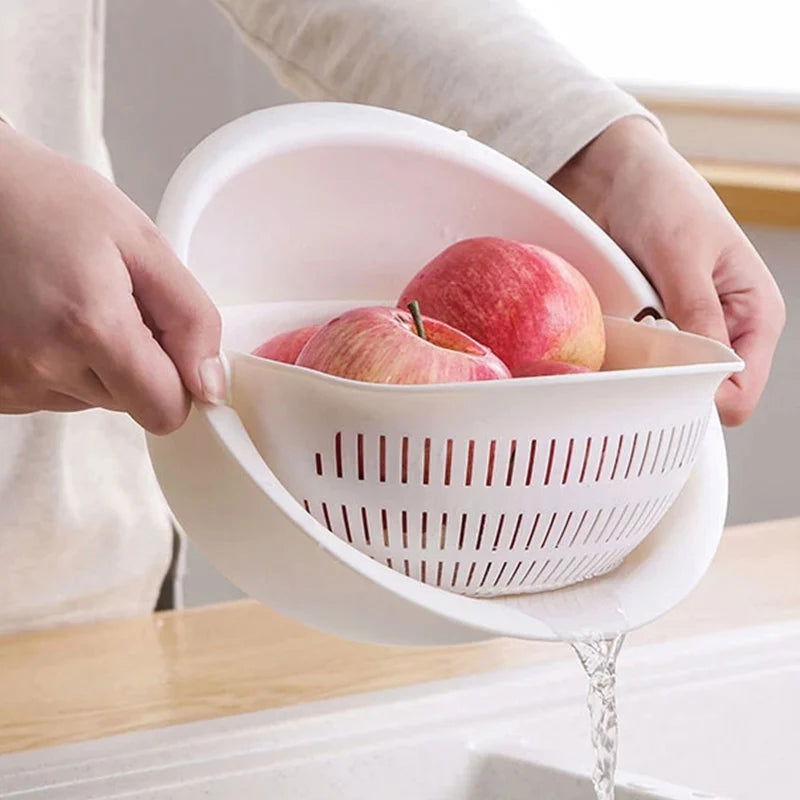 Kitchen Rotatable Double Drain Basket Fruits Vegetables Washing Storage Basket Strainers Bowl Cleaning Filter Colander Tool - LOCKDEALZ