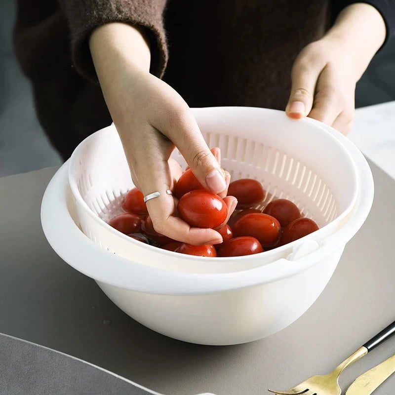 Kitchen Rotatable Double Drain Basket Fruits Vegetables Washing Storage Basket Strainers Bowl Cleaning Filter Colander Tool - LOCKDEALZ