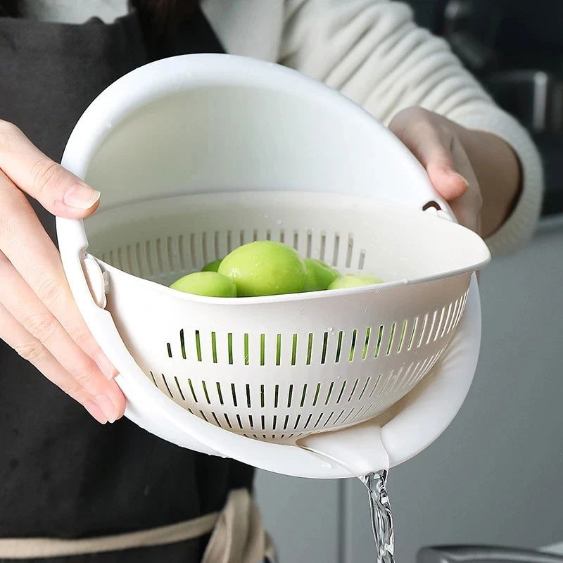 Kitchen Rotatable Double Drain Basket Fruits Vegetables Washing Storage Basket Strainers Bowl Cleaning Filter Colander Tool - LOCKDEALZ