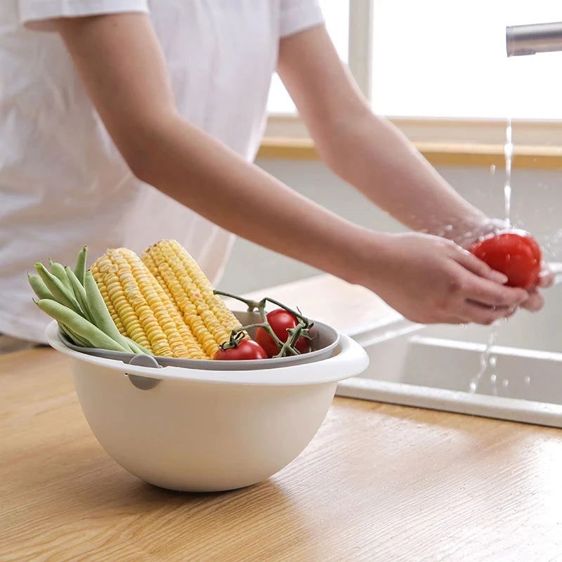 Kitchen Rotatable Double Drain Basket Fruits Vegetables Washing Storage Basket Strainers Bowl Cleaning Filter Colander Tool - LOCKDEALZ