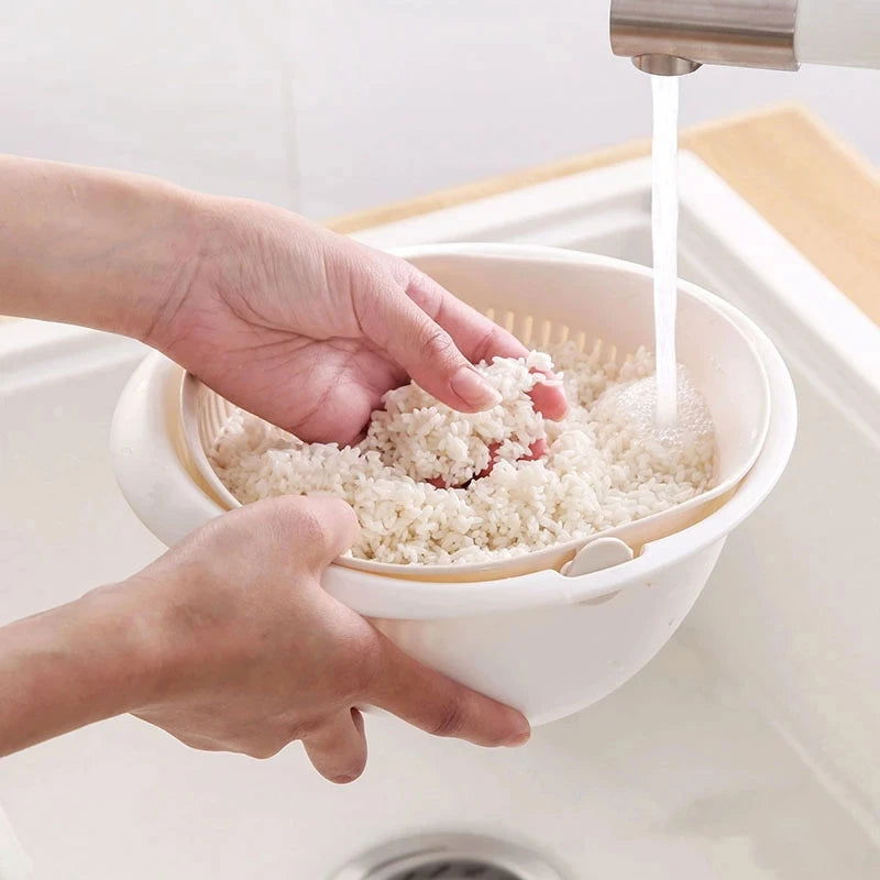 Kitchen Rotatable Double Drain Basket Fruits Vegetables Washing Storage Basket Strainers Bowl Cleaning Filter Colander Tool - LOCKDEALZ