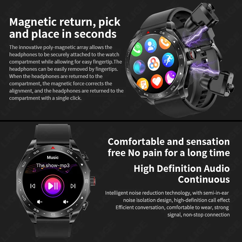 LIGE With Earbuds Bluetooth Headset Smartwatch Women Speaker Tracker Music Sport Watch Men Waterproof Smart Watch AMOLED Screen - LOCKDEALZ