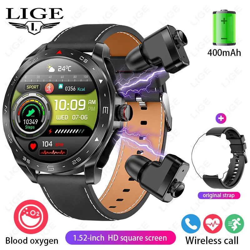 LIGE With Earbuds Bluetooth Headset Smartwatch Women Speaker Tracker Music Sport Watch Men Waterproof Smart Watch AMOLED Screen - LOCKDEALZ