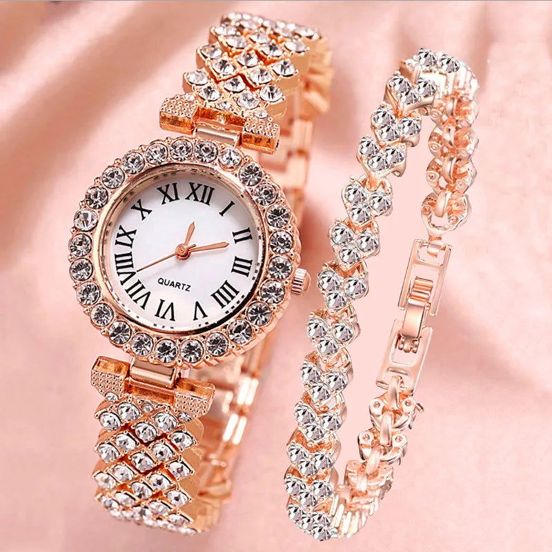 Luxury Women Shiny Bracelet Watches 2pcs Set Rose Gold Watch Fashion Ladies Elegant Quartz Diamond Wristwatch Female Reloj Mujer - LOCKDEALZ