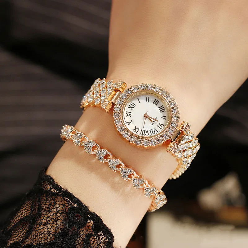 Luxury Women Shiny Bracelet Watches 2pcs Set Rose Gold Watch Fashion Ladies Elegant Quartz Diamond Wristwatch Female Reloj Mujer - LOCKDEALZ