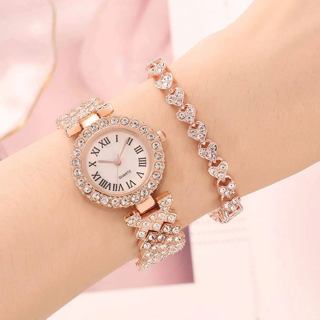 Luxury Women Shiny Bracelet Watches 2pcs Set Rose Gold Watch Fashion Ladies Elegant Quartz Diamond Wristwatch Female Reloj Mujer - LOCKDEALZ