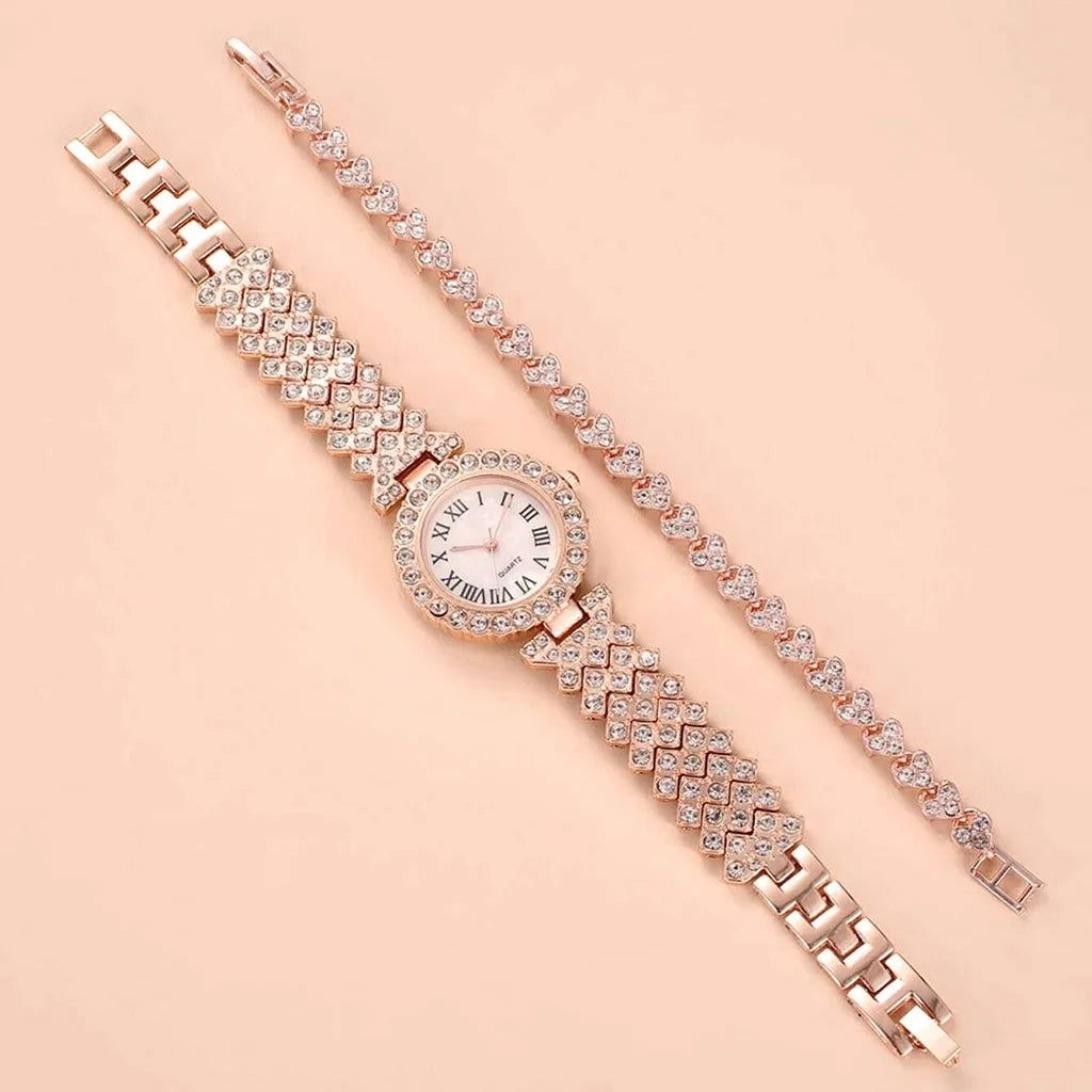Luxury Women Shiny Bracelet Watches 2pcs Set Rose Gold Watch Fashion Ladies Elegant Quartz Diamond Wristwatch Female Reloj Mujer - LOCKDEALZ