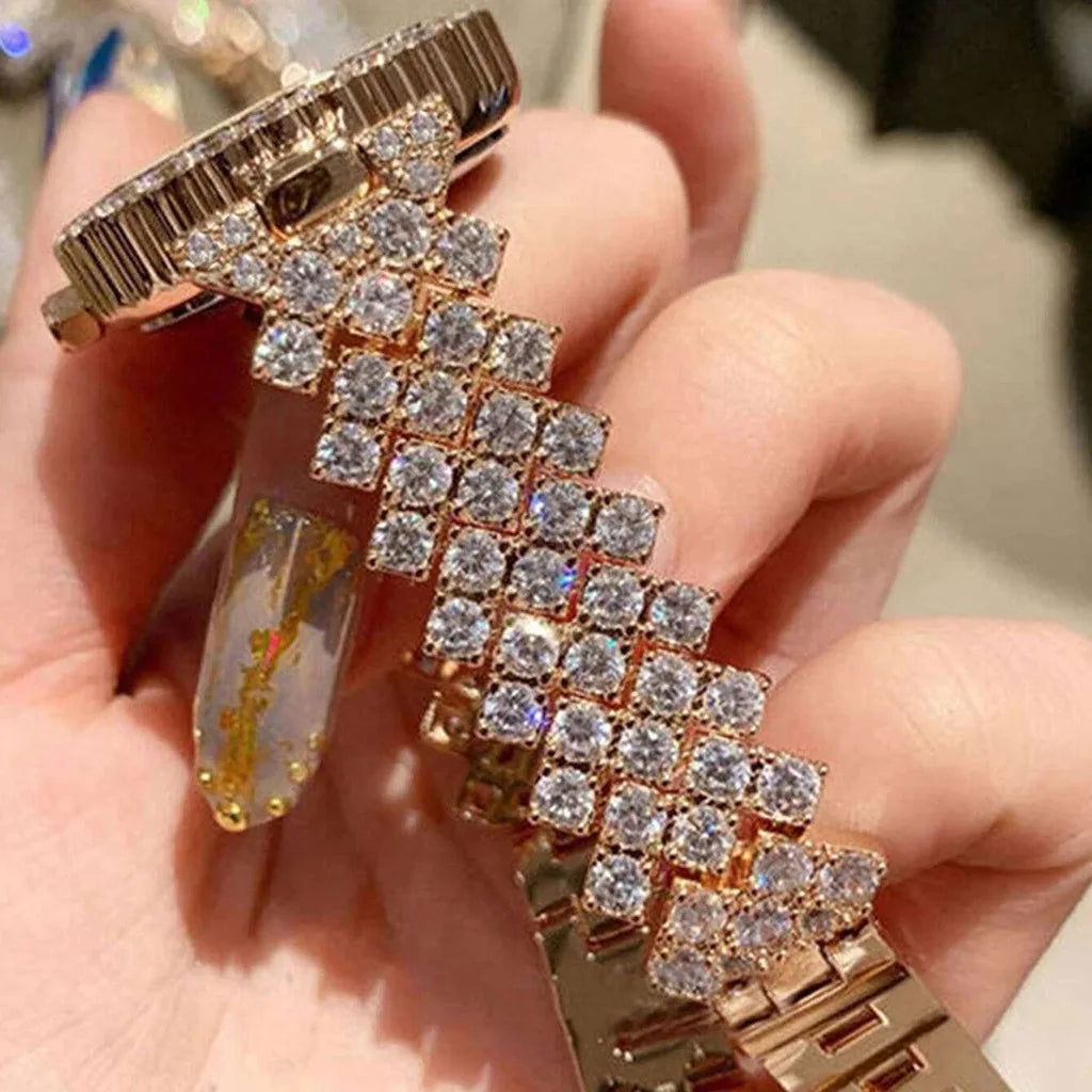 Luxury Women Shiny Bracelet Watches 2pcs Set Rose Gold Watch Fashion Ladies Elegant Quartz Diamond Wristwatch Female Reloj Mujer - LOCKDEALZ