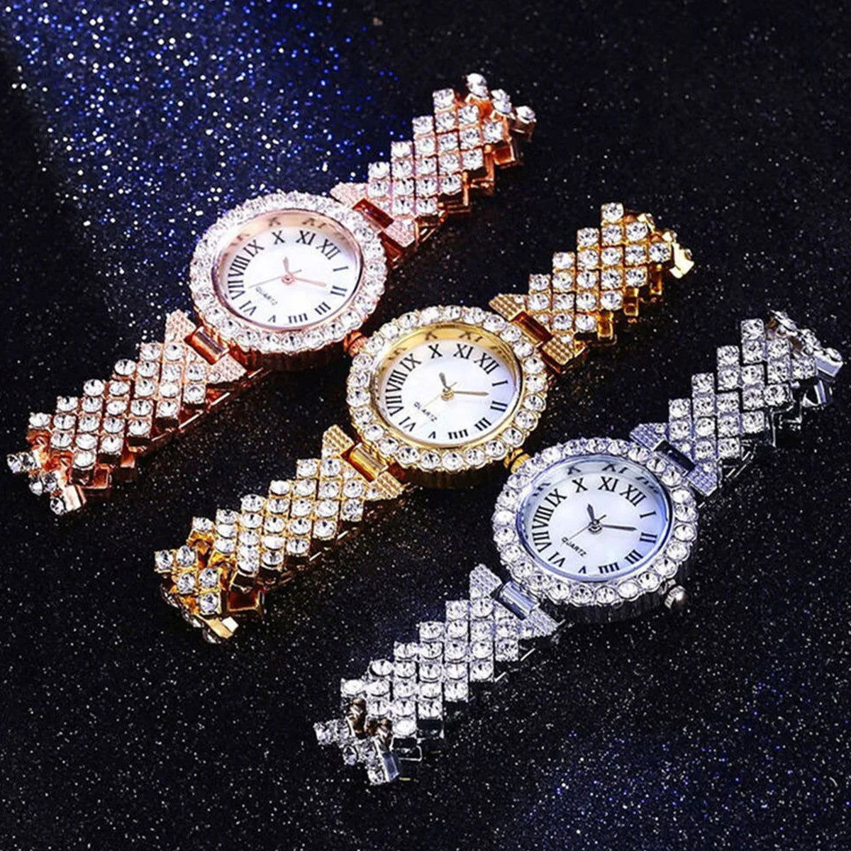Luxury Women Shiny Bracelet Watches 2pcs Set Rose Gold Watch Fashion Ladies Elegant Quartz Diamond Wristwatch Female Reloj Mujer - LOCKDEALZ