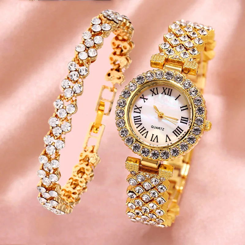 Luxury Women Shiny Bracelet Watches 2pcs Set Rose Gold Watch Fashion Ladies Elegant Quartz Diamond Wristwatch Female Reloj Mujer - LOCKDEALZ
