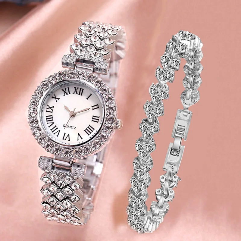 Luxury Women Shiny Bracelet Watches 2pcs Set Rose Gold Watch Fashion Ladies Elegant Quartz Diamond Wristwatch Female Reloj Mujer - LOCKDEALZ