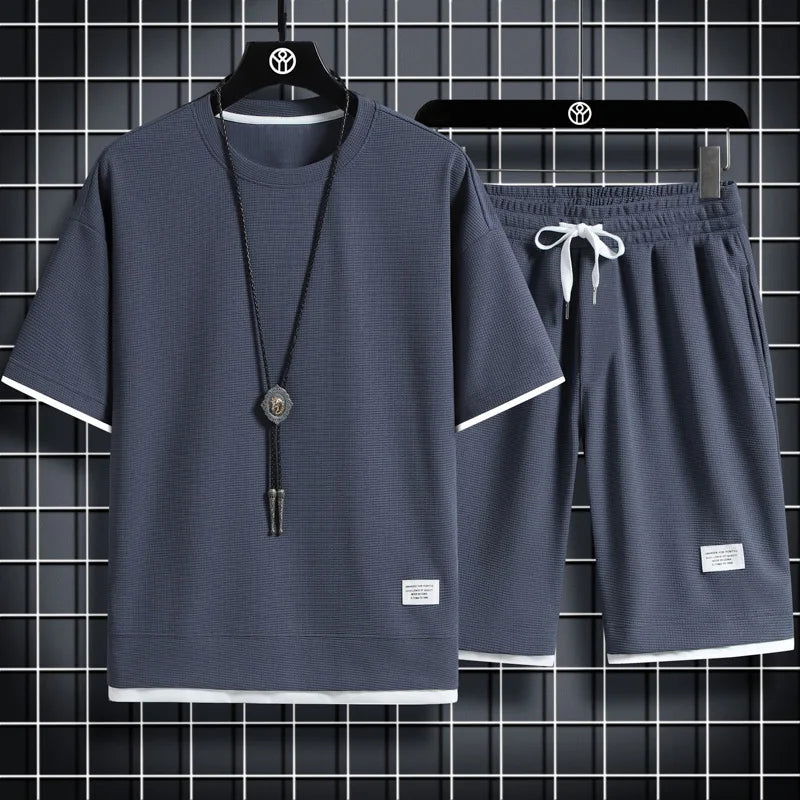 Men's Mesh T-shirt Sweatpants Suit Summer Fashion Casual Short-sleeved T-shirt Sportswear Outdoor Street Two-piece Set S-3XL - LOCKDEALZ