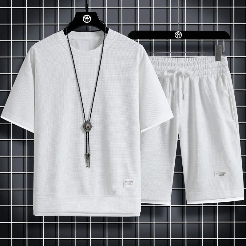 Men's Mesh T-shirt Sweatpants Suit Summer Fashion Casual Short-sleeved T-shirt Sportswear Outdoor Street Two-piece Set S-3XL - LOCKDEALZ