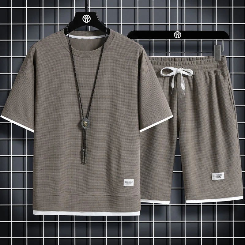 Men's Mesh T-shirt Sweatpants Suit Summer Fashion Casual Short-sleeved T-shirt Sportswear Outdoor Street Two-piece Set S-3XL - LOCKDEALZ