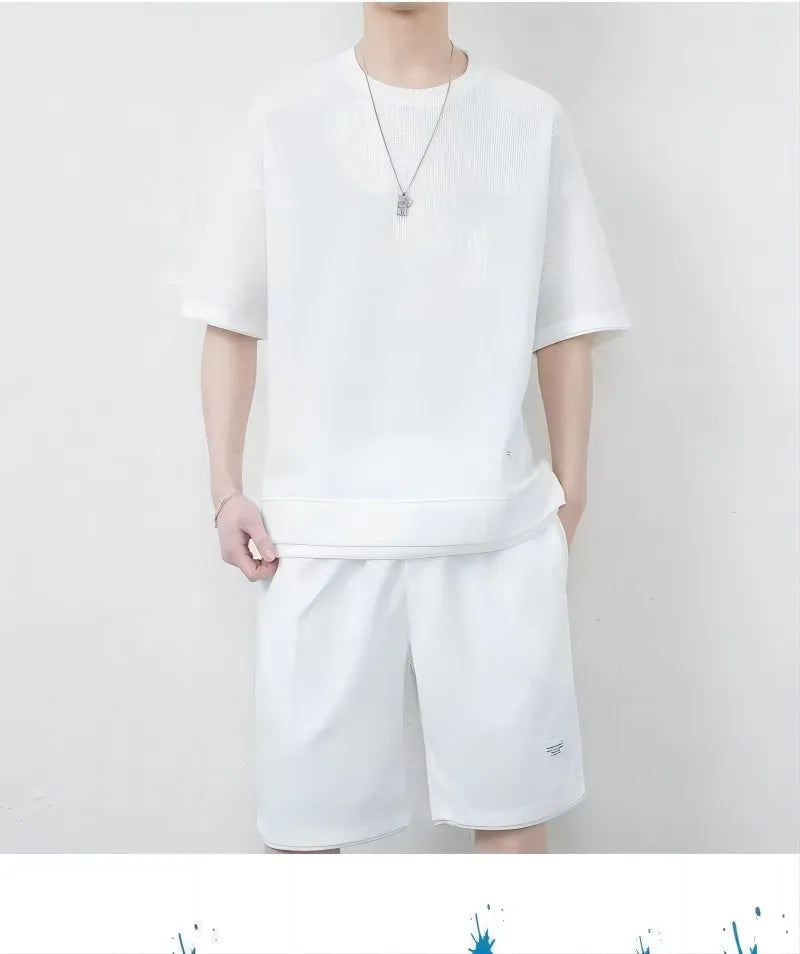Men's Mesh T-shirt Sweatpants Suit Summer Fashion Casual Short-sleeved T-shirt Sportswear Outdoor Street Two-piece Set S-3XL - LOCKDEALZ