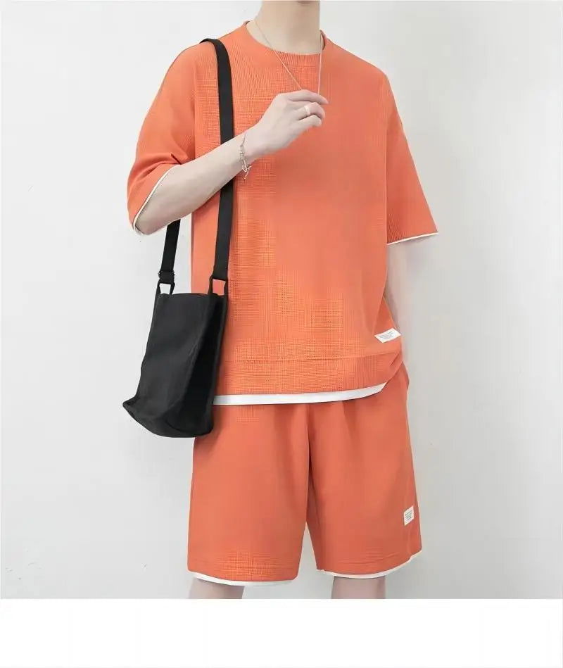 Men's Mesh T-shirt Sweatpants Suit Summer Fashion Casual Short-sleeved T-shirt Sportswear Outdoor Street Two-piece Set S-3XL - LOCKDEALZ