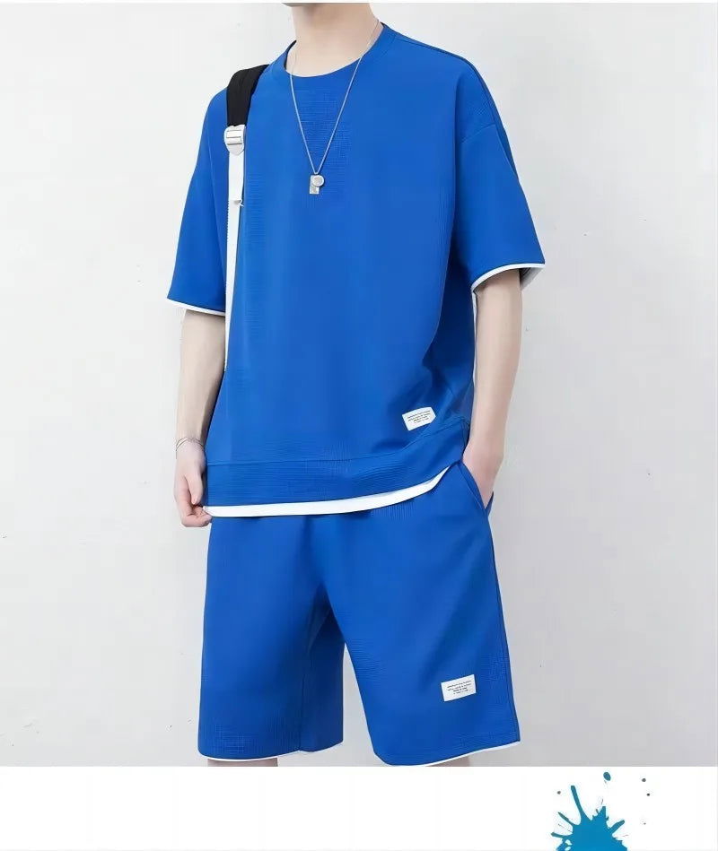 Men's Mesh T-shirt Sweatpants Suit Summer Fashion Casual Short-sleeved T-shirt Sportswear Outdoor Street Two-piece Set S-3XL - LOCKDEALZ