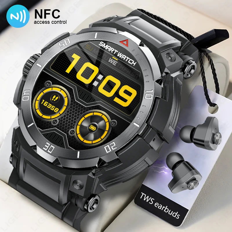 NFC 2 In 1 Bluetooth Headset Smart Watch TWS Music Talk With Earbuds 4 Hours Of Strong Sound Effects Music Lover Men SmartWatch - LOCKDEALZ