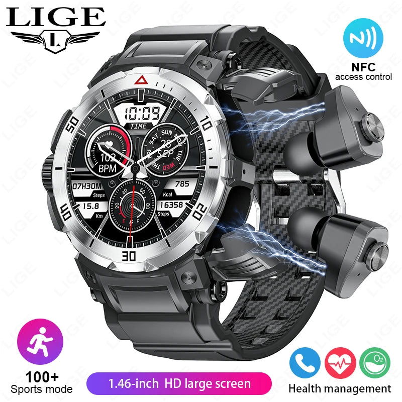 NFC 2 In 1 Bluetooth Headset Smart Watch TWS Music Talk With Earbuds 4 Hours Of Strong Sound Effects Music Lover Men SmartWatch - LOCKDEALZ