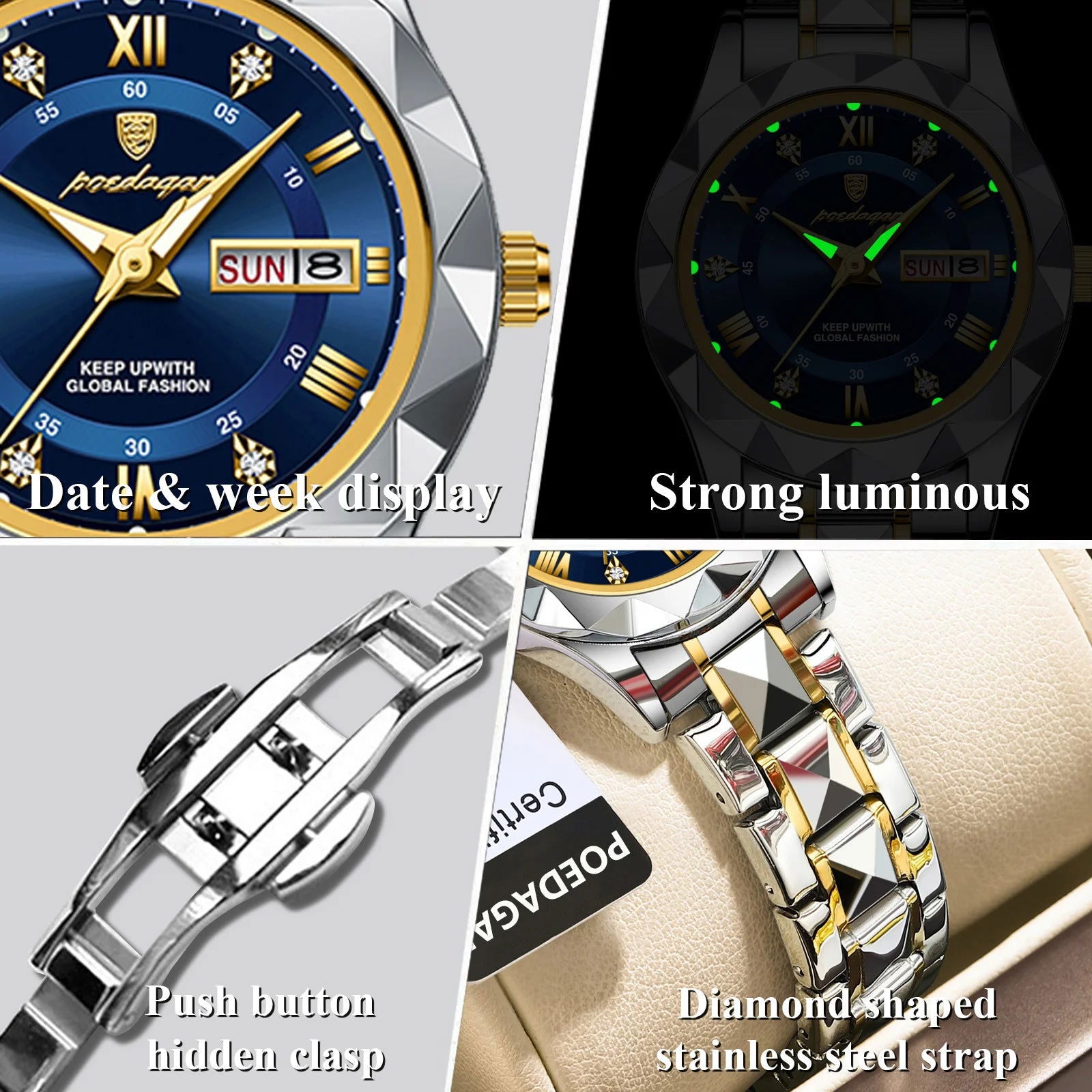 POEDAGAR Luxury Ladies Dress Watch Luminous Waterproof Week Date Woman Wristwatch Stainless Steel Women Quartz Watches reloj+box - LOCKDEALZ